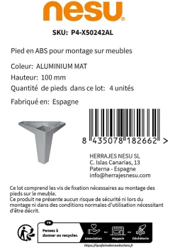 4un. Pied de meuble incliné scandinave pied nordique en résine plastique ABS ANTI-HUMIDITÉ couleur aluminium mat. Hauteur 100mm