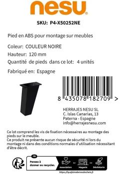 4un. Pied de meuble incliné scandinave pied nordique en résine plastique ABS ANTI-HUMIDITÉ noire. Hauteur 120mm