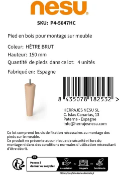 4un. Pied de meuble nordique pied conique en bois de hêtre naturel non vernis. Hauteur 150mm