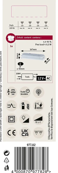 VDE Transfo électronique Flat Halogen AC max. 35-105W 230/12V 105VA Blanc