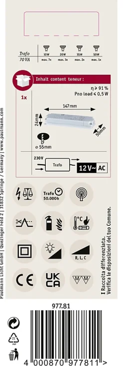 VDE Transfo électronique Flat Halogen AC max. 20-70W 230/12V 70VA Blanc