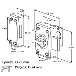 Verrou à bouton ø23 mm / 45 mm + cylindre 30 mm Abus