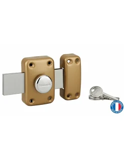 Verrou à bouton Apache pour porte de garage, cylindre 30mm, pêne 160mm, acier, 3 clés, époxy or - THIRARD