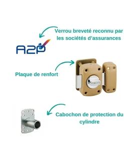 Verrou à bouton Transit 2 A2P pour porte d'entrée, cylindre 45mm, acier, 4 clés, époxy bronze - THIRARD