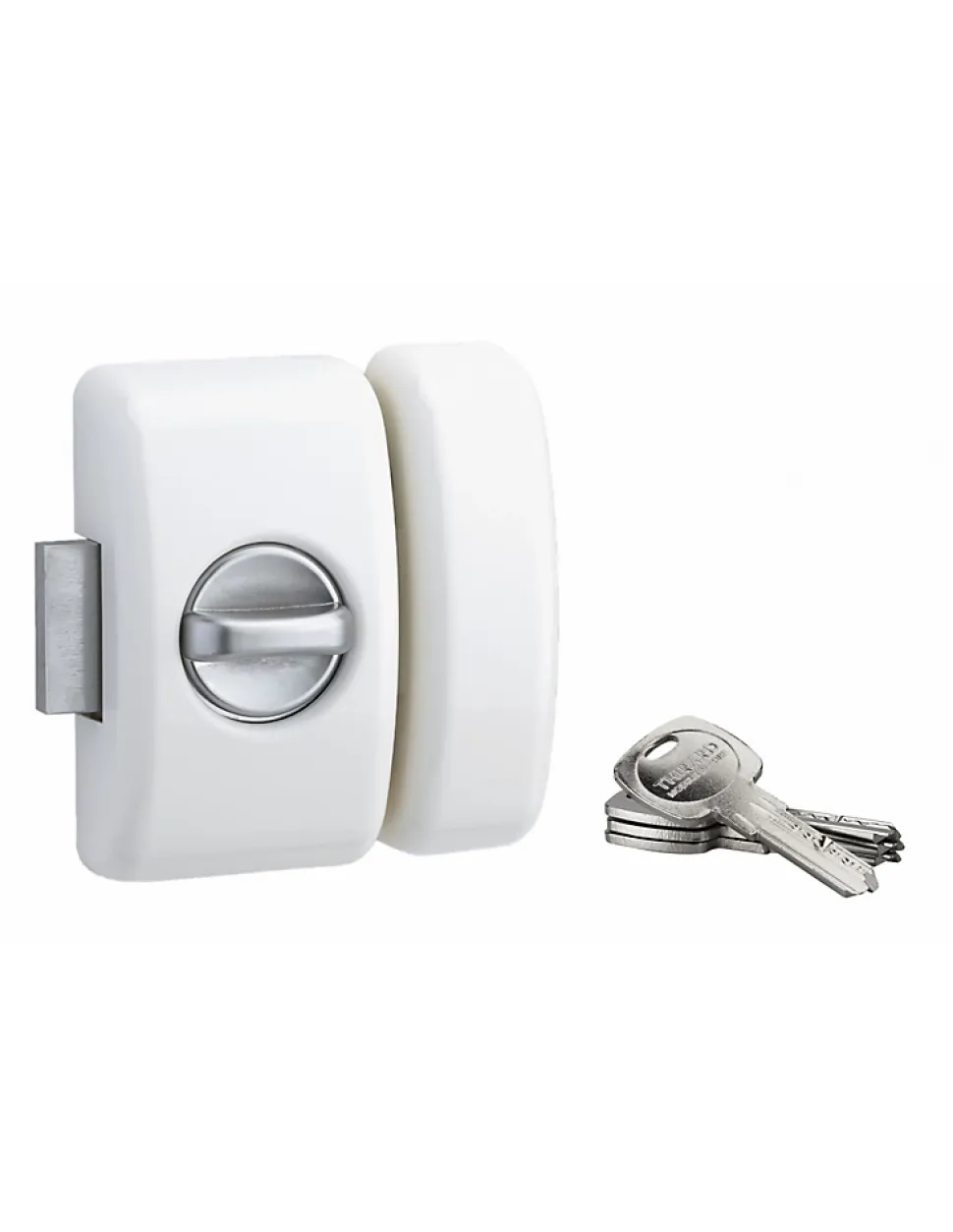 Verrou à bouton Universel pour porte d'entrée, cylindre 45mm, acier, 4 clés, epoxy blanc - THIRARD