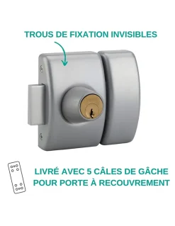 Verrou double entrée Design 5 pour porte d'entrée, cylindre 45mm, acier, 3 clés, argent - THIRARD