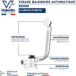 Vidage de baignoire automatique à câble sortie orientable à 360° Valentin finition blanche