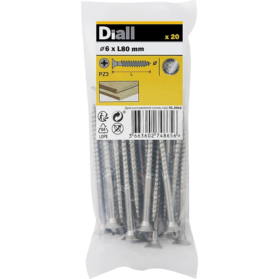 Vis à bois en acier inoxydable A2 pozidriv 6x80 mm - 20 pièces