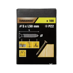 Vis à bois Turbodrive Premium pozidriv zinguée jaune 5x50 mm - 100 pièces