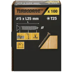 Vis à bois Turbodrive Premium torx zinguée jaune 5x25 mm - 100 pièces