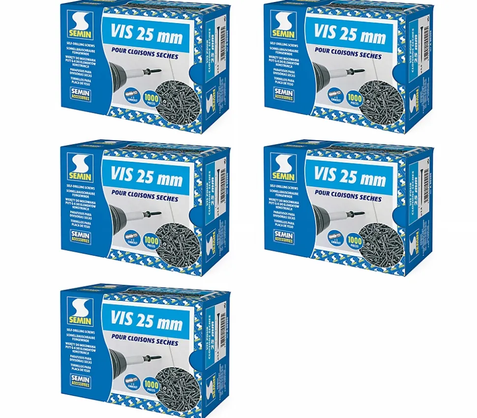 Vis Auto Perceuse 25 mm Semin - Fixation des Plaques de Plâtre sur l'Ossature - Intérieur - Boîte de 1000 Pièces (Lot de 5000)