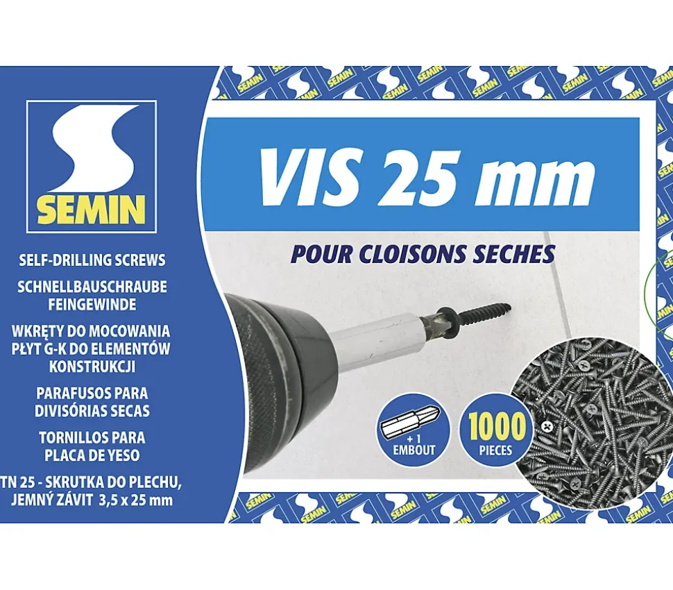 Vis Auto Perceuse 25 mm Semin - Fixation des Plaques de Plâtre sur l'Ossature - Intérieur - Boîte de 1000 Pièces (Lot de 2000)