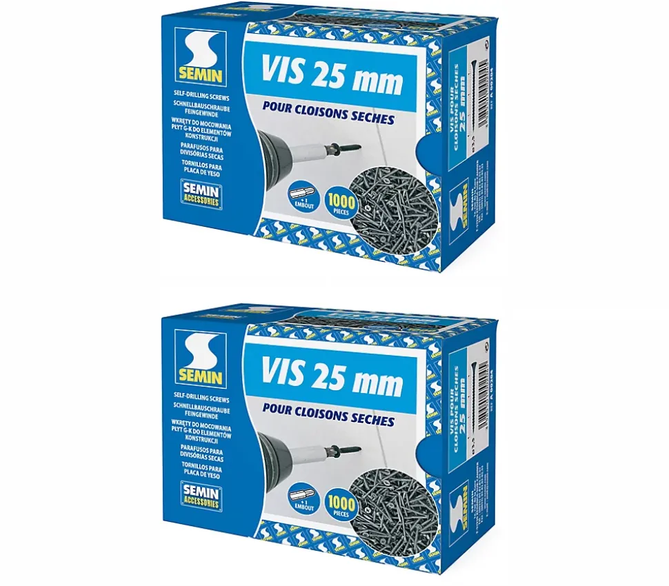 Vis Auto Perceuse 25 mm Semin - Fixation des Plaques de Plâtre sur l'Ossature - Intérieur - Boîte de 1000 Pièces (Lot de 2000)