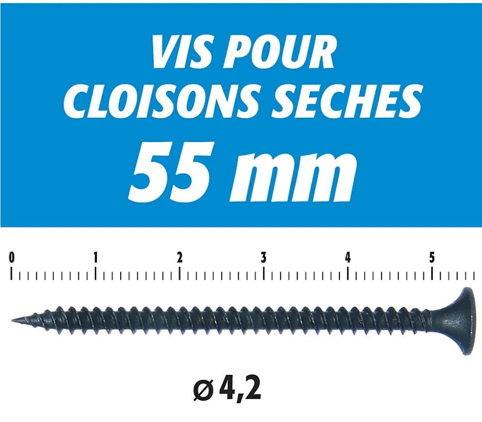 Vis Auto Perceuse 55 mm Semin - Fixation des Plaques de Plâtre sur l'Ossature - Intérieur - Boîte de 500 Pièces