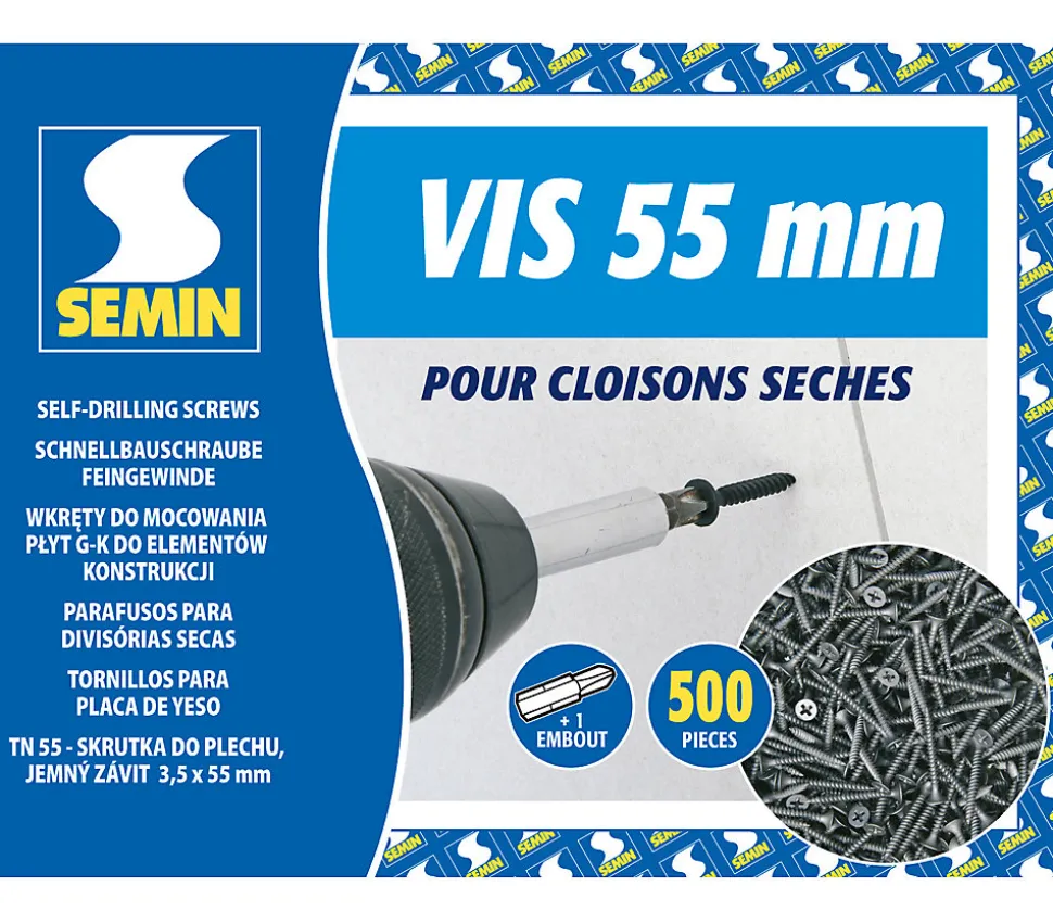 Vis Auto Perceuse 55 mm Semin - Fixation des Plaques de Plâtre sur l'Ossature - Intérieur - Boîte de 500 Pièces