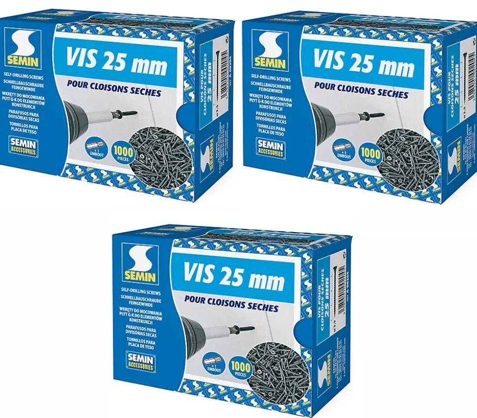 Vis Auto Perceuse 25 mm Semin - Fixation des Plaques de Plâtre sur l'Ossature - Intérieur - Boîte de 1000 Pièces (Lot de 3000)