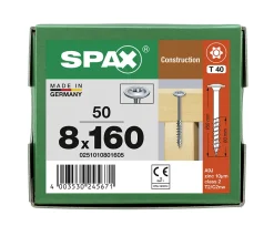 Vis de charpente tête ronde Spax Wirox 8 x 160 mm filetage partiel - 50 pièces