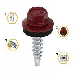 Vis de toiture Klimas WFD pour tôle trapézoïdale sur bois RAL 3005 Rouge vin 4,8x25 mm 250 pièces