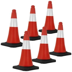 6x Cône de signalisation routière rouge/blanc en PVC 51cm bandes réfléchissantes