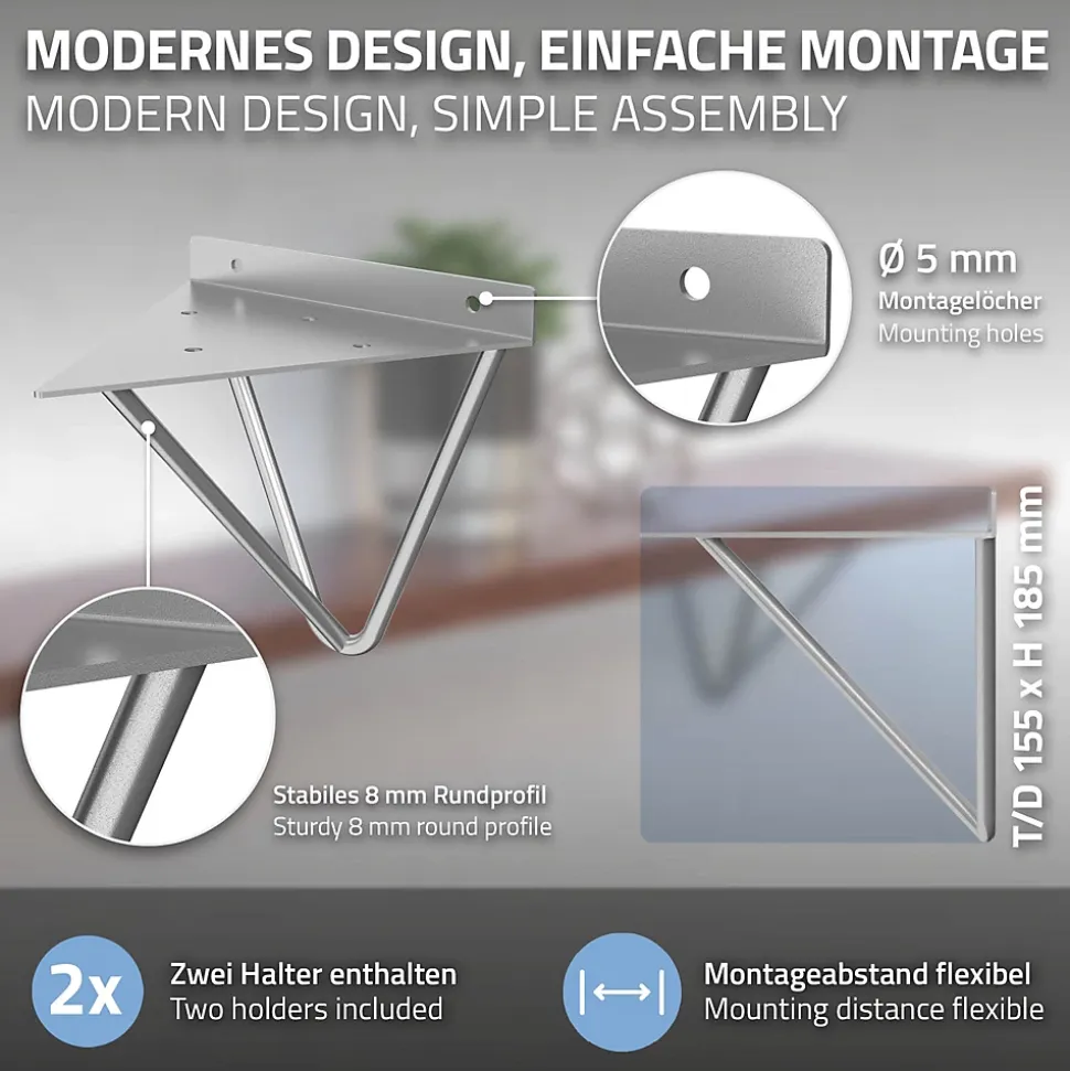 4x Support Etagere d'angle triangle en métal gris avec vis 160 mm