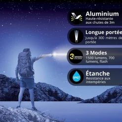 Xanlite - Lampe Torche LED Métallique, x3 Modes d'Eclairage, 1500 Lumens, Piles Incluses - TO1500L