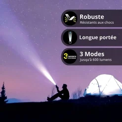 Xanlite - Lampe Torche LED Métallique, x3 Modes d'Eclairage, 600 Lumens, Piles Incluses - TO600M