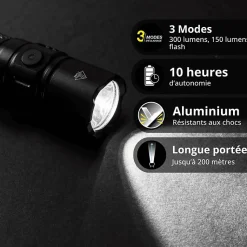 Xanlite - Lampe Torche LED Métallique, x3 Modes d'Eclairage, 300 Lumens, Piles Incluses - TO250S
